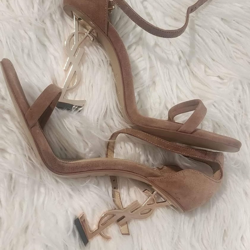 Yves Saint Laurent Brown Suede Heels with Gold Logo